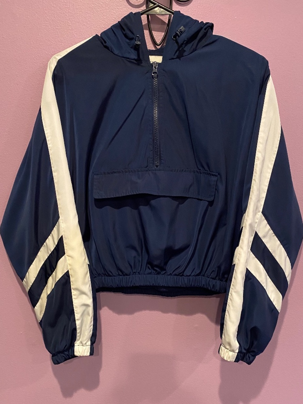 Forever 21 Navy & White Cropped Hooded Windbreaker Jacket Size Small